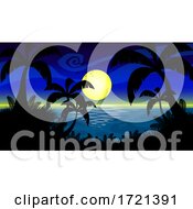 Poster, Art Print Of Tropical Ocean Night With Full Moon Silhouetted Palm Trees