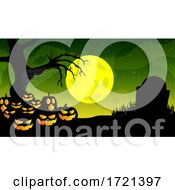 Illuminated Halloween Jackolantern Pumpkins In A Graveyard