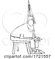 Cartoon Business Man Wearing A Dunce Hat And Sitting On A Stool