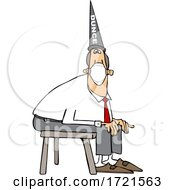 Cartoon Businessman Wearing A Dunce Hat And Sitting On A Stool