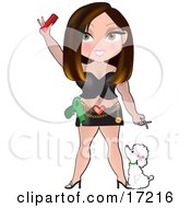 Sexy Burnette Caucasian Hairdresser Or Dog Groomer Woman With Her Cute White Poodle Puppy Dog Clipart Illustration