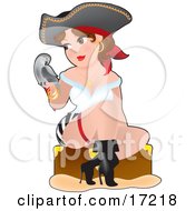 Sexy Brunette Pirate Woman In A Hat Short Skirt And Heeled Boots Talking To A Parrot That Shes Holding In Her Hand Clipart Illustration