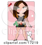 Sexy Brunette Caucasian Hairdresser Or Dog Groomer Woman In A Mini Skirt And Corset With A Poodle Puppy Looking Up At Her Clipart Illustration