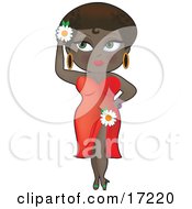 Sexy Black Woman In A Red Slit Dress Wearing A White Daisy In Her Hair And On Her Hip Showing Some Leg Clipart Illustration by Maria Bell #COLLC17220-0034