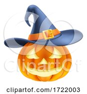 Poster, Art Print Of Pumpkin Wearing Witch Hat Halloween Cartoon