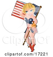 Sexy Blond Caucasian Pinup Woman In A Bikini Holding An American Flag And Balancing The Pole On Her Hip Clipart Illustration by Maria Bell