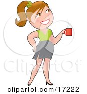 Poster, Art Print Of Pretty Caucasian Woman With Her Hair Up In A Pony Tail Smiling While Drinking A Cup Of Coffee