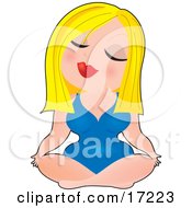 Sexy Blonde Caucasian Woman In A Blue Leotard Sitting In The Lotus Position While Doing Yoga In A Fitness Gym Clipart Illustration by Maria Bell #COLLC17223-0034