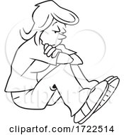 Cartoon Depressed Lady Hugging Her Knees