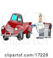 Caucasian Fast Food Manager Man Holding Onto A Gasoline Pump While Filling Up His Red Pickup Truck At A Gas Station