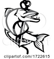 Barracuda Coiling Up With Rope And Sea Claw Anchor Mascot Black And White by patrimonio