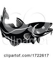 Poster, Art Print Of Atlantic Cod Or Codling Fish Swimming Up Woodcut Black And White