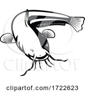Poster, Art Print Of Sheatfish Or Wels Catfish Swimming Retro Woodcut Black And White