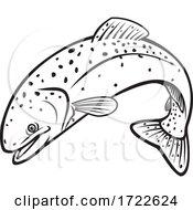 Poster, Art Print Of Steelhead Rainbow Trout Or Columbia River Redband Trout Jumping Retro Stencil Black And White