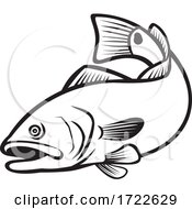 Poster, Art Print Of Spottail Bass Red Drum Redfish Channel Bass Or Puppy Drum Jumping Down Black And White Retro