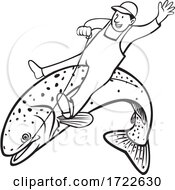 Trout Fisherman Riding Steelhead Or Rainbow Trout Retro Stencil Black And White