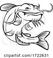 Poster, Art Print Of Channel Catfish Ictalurus Punctatus Or Channel Cat Jumping Up Cartoon Black And White