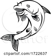 Poster, Art Print Of Blue Catfish Ictalurus Furcatus Jumping Up Cartoon Black And White