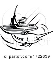 Poster, Art Print Of Blue Marlin Jumping With Charter Fishing Boat Retro Black And White