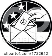 Poster, Art Print Of American Voter Voting Using Postal Ballot During Election Usa Flag Circle Black And White Retro