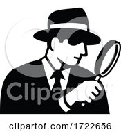 Private Eye Detective Inspector Or Investigator Looking Magnifying Glass Retro Stencil Black And White