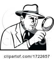 Poster, Art Print Of Detective Inspector Private Eye Or Investigator Looking Through Magnifying Glass Retro Stencil Black And White