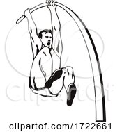 Poster, Art Print Of Pole Vaulter With Flexible Pole Jumping Over Bar Pole Vaulting Stencil Black And White Retro Style