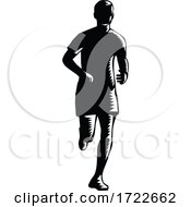 Marathon Runner Silhouette Running Front View Retro Woodcut Black And White
