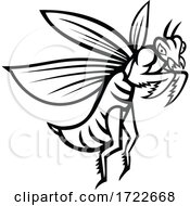 Poster, Art Print Of Praying Mantis Flying Side View Black And White Mascot