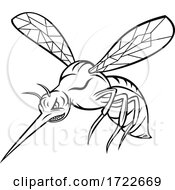 Poster, Art Print Of Yellow Fever Mosquito Or Aedes Aegypti Flying Mascot Retro Black And White Style