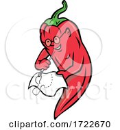 Red Chili Pepper Wearing Granny Glasses And Stitching Cloth With Sewing Needle Mascot