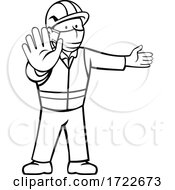Construction Worker Wearing Face Mask Showing Stop Hand Signal Pointing Black And White Cartoon