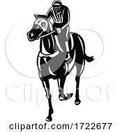 Poster, Art Print Of Jockey Racing Thoroughbred Horse Or Galloper Front View Retro Black And White
