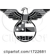Poster, Art Print Of American Bald Eagle With Wings Spread Clutching United States Star And Stripes Flag In Circle Mascot Black And White