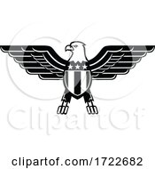 Poster, Art Print Of American Bald Eagle With Wings Spread And United States Star Spangled Banner Flag On Chest Mascot Black And White