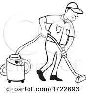 Commercial Carpet Cleaner Worker Vacuuming With Vacuum Cartoon Black And White