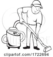 Commercial Carpet Cleaner Worker Vacuuming With Vacuum Cartoon Black And White