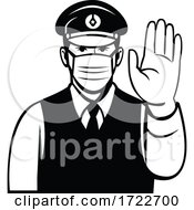 Japanese Policeman Or Police Officer Wearing Face Mask Showing Stop Hand Signal Black And White Cartoon