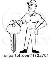 Poster, Art Print Of Locksmith Or Keymaker Standing And Holding Key Front View Cartoon Black And White