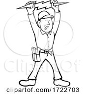 Poster, Art Print Of Electrician Holding Up Lightning Bolt Front View Cartoon Black And White