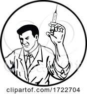 Poster, Art Print Of Doctor Nurse Medical Worker Or Scientist Wearing Lab Coat Holding Up Syringe With Vaccine Retro Black And White