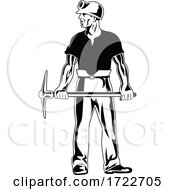 Coal Miner Wearing Hard Hat And Holding Pick Ax Standing Stencil Black And White Retro