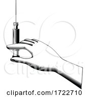 Hand Holding A Syringe With Hypodermic Needle Retro Woodcut Black And White by patrimonio