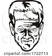 Poster, Art Print Of Head Of Doctor Victor Frankensteins Monster Front View Stencil Black And White Retro Style