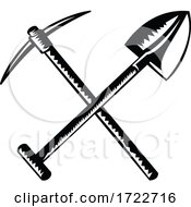 Poster, Art Print Of Crossed Spade Or Shovel And Mining Pick Ax Pickaxe Pick-Axe Or Pick Retro Woodcut Black And White