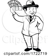 Poster, Art Print Of Vintage Businessman With A Wad Of Dollar Bill Notes Or Money Cartoon Black And White