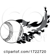 Poster, Art Print Of Baseball Or Softball Ball On Fire With Fiery Flames Stencil Black And White Retro