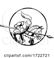 Poster, Art Print Of Medieval Knight With Lance Riding Steed Side Retro Black And White
