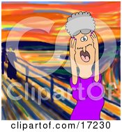 People Clipart Illustration Image Of A Stressed Out Caucasian Granny Woman Holding Her Hands To Her Cheeks While Screaming A Humorous Parody Of The Scream By Edvard Munch