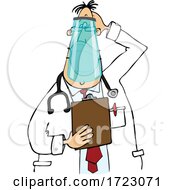 Cartoon Stumped Chubby White Male Veterinarian Or Doctor Wearing A Face Shield And Mask And Holding A Clipboard